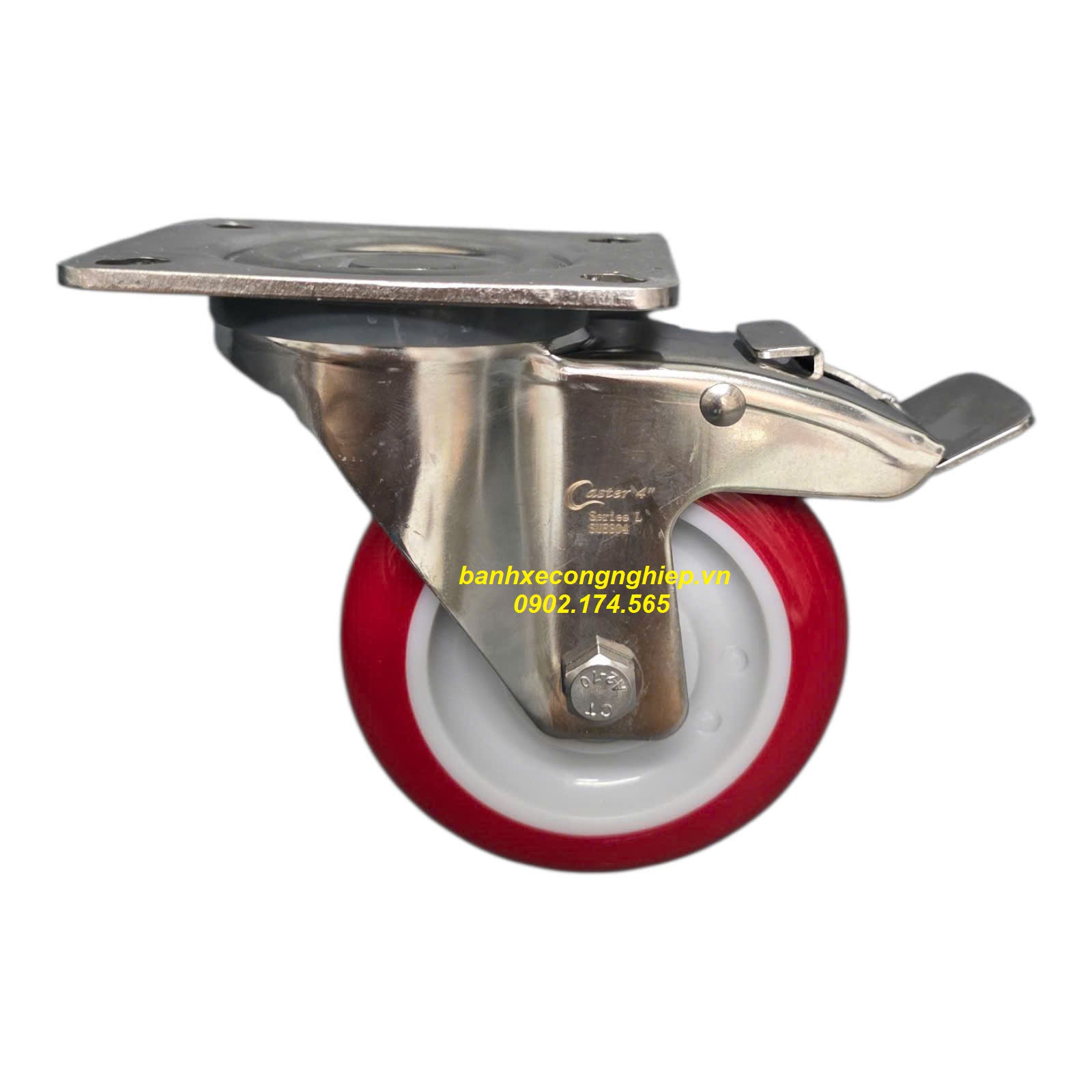 Bánh xe PU75mm, 100mm, 125mm càng inox 304 xoay khóa Caster Serie 2 tiêu chuẩn EU