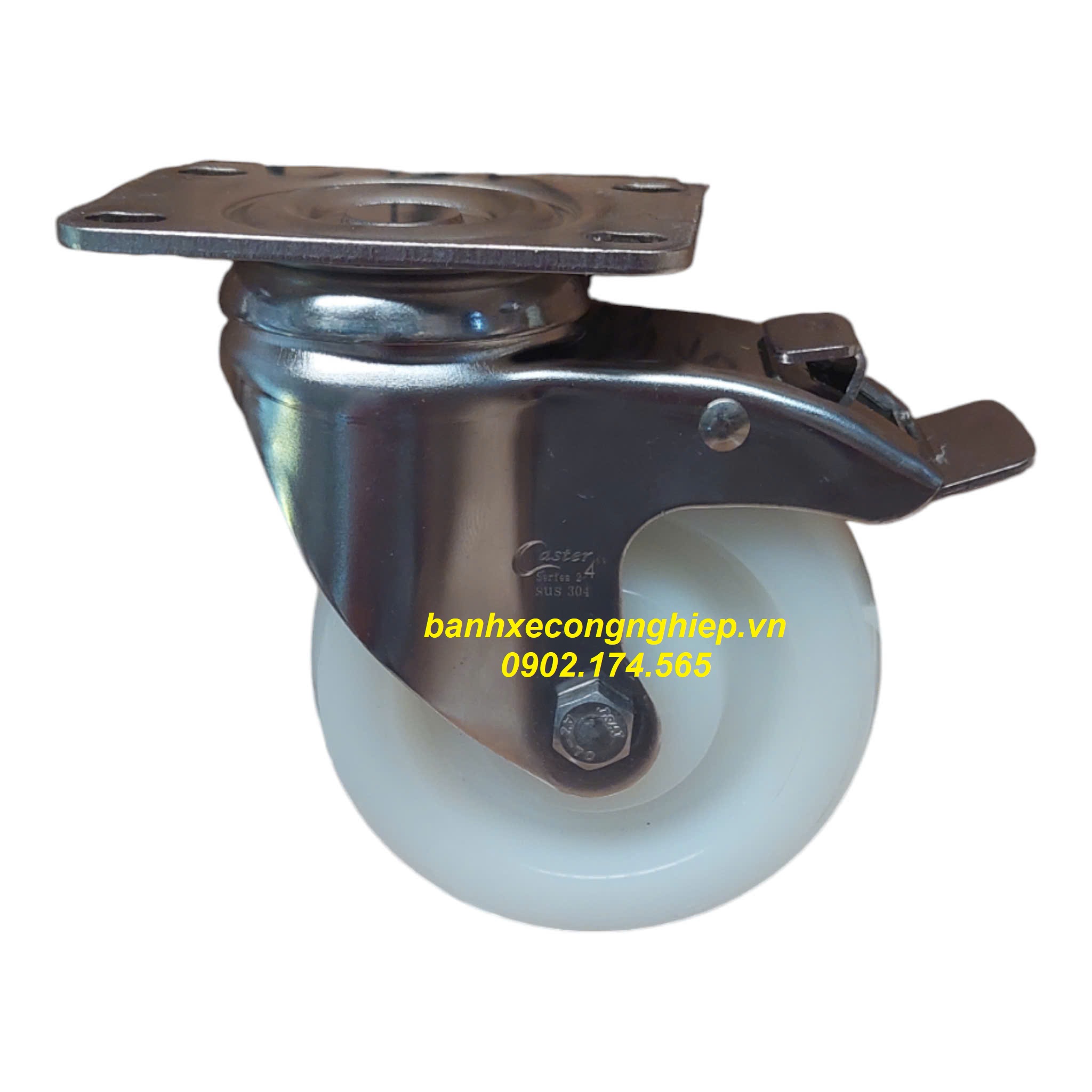 Bánh xe PA 63.5mm, 75mm, 100mm, 120mm càng inox 304 xoay khóa Caster Serie 2 tải trung