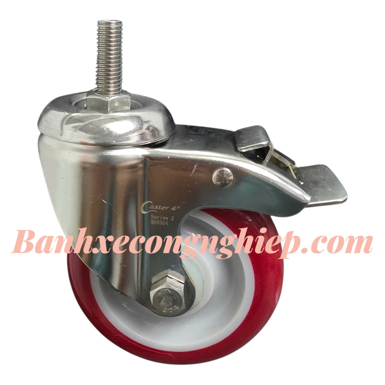 Bánh xe PU (Urethane) 75mm, 100mm, 125mm màu nâu càng inox 304 xoay có khoá trục ren M12 Caster Serie 2 tải trung