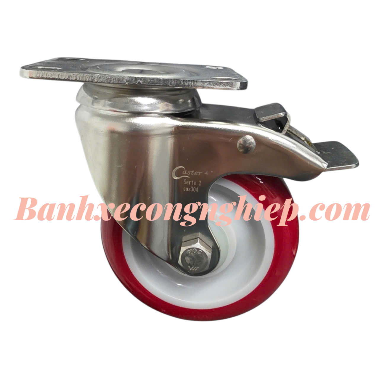 Bánh xe PU 75mm, 100mm, 125mm càng inox 304 xoay khóa Caster Serie 2 tải trung