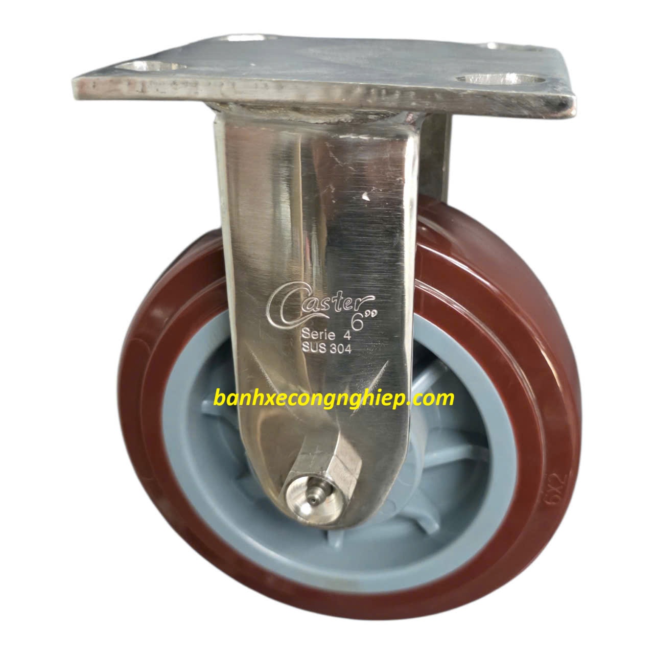 Bánh xe PU 100mm, 125mm, 150mm, 200mm càng inox 304 cố định Caster Serie 4 tải nặng