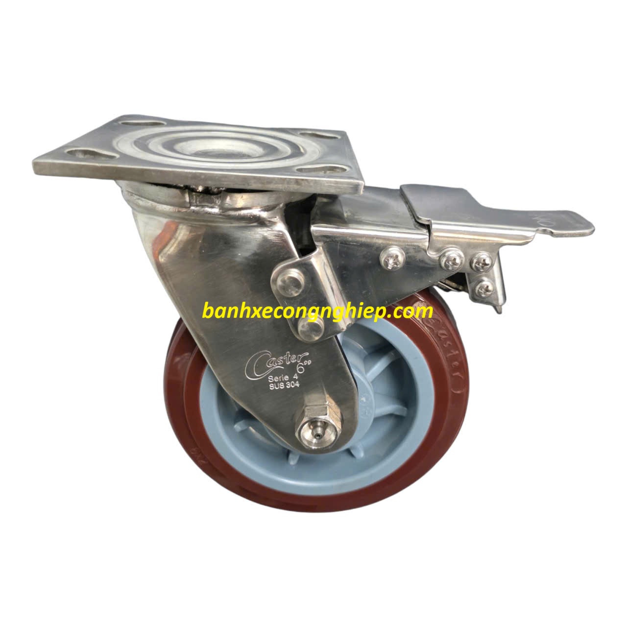 Bánh xe PA 100mm, 125mm, 150mm, 200mm càng inox 304 xoay khóa kép Caster Serie 4 tải nặng