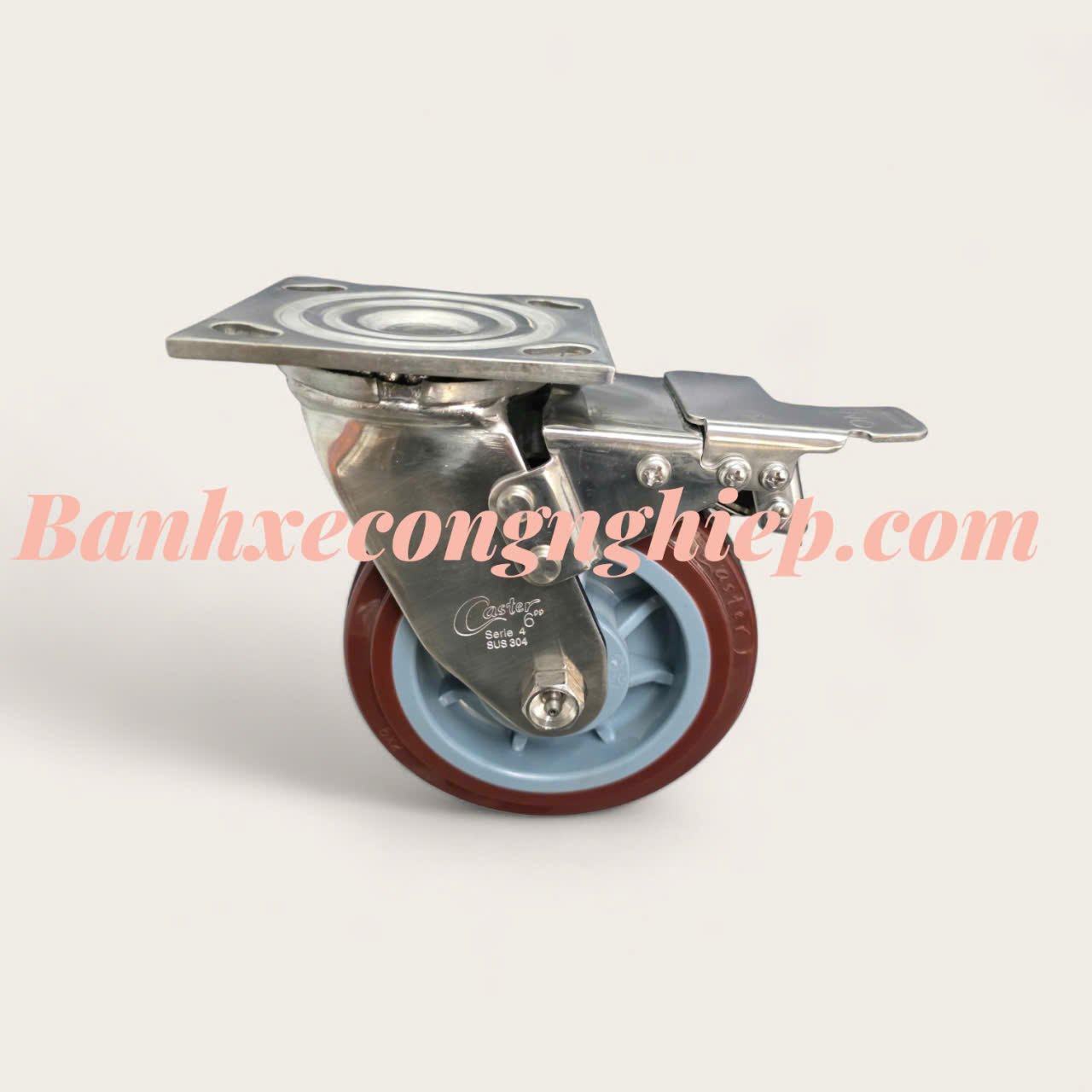 Bánh xe PU 100mm, 125mm, 150mm, 200mm càng inox 304 xoay khóa kép Caster Serie 4 tải nặng