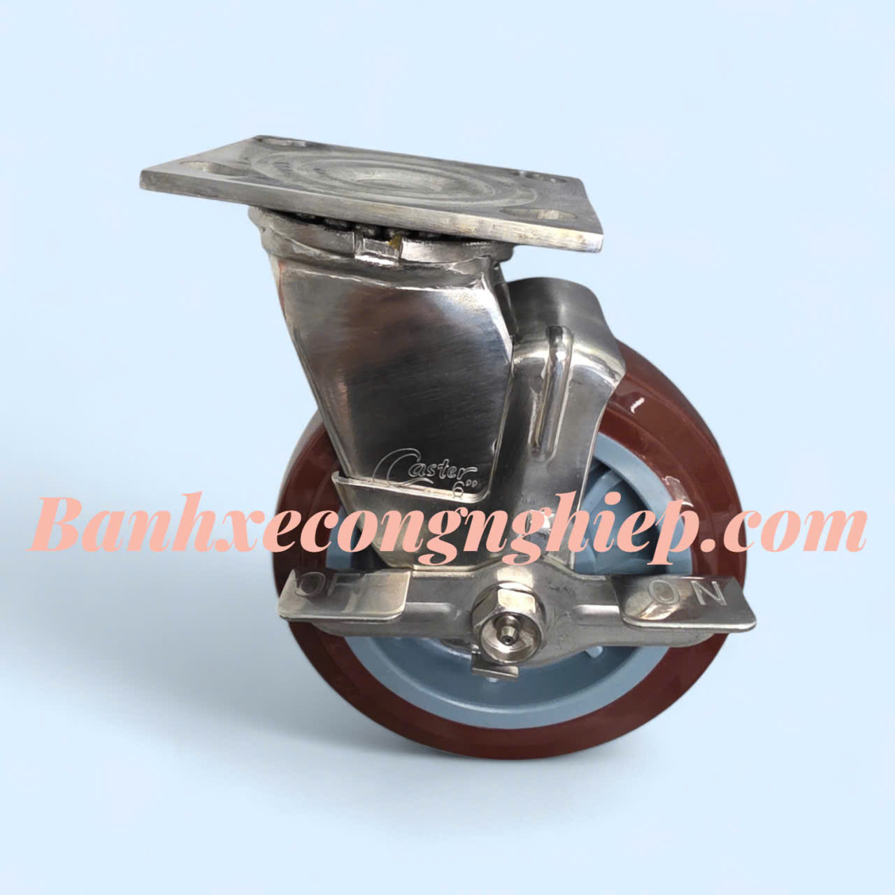 Bánh xe PU 100mm, 125mm, 150mm, 200mm càng inox 304 xoay khóa đơn Caster Serie 4 tải nặng