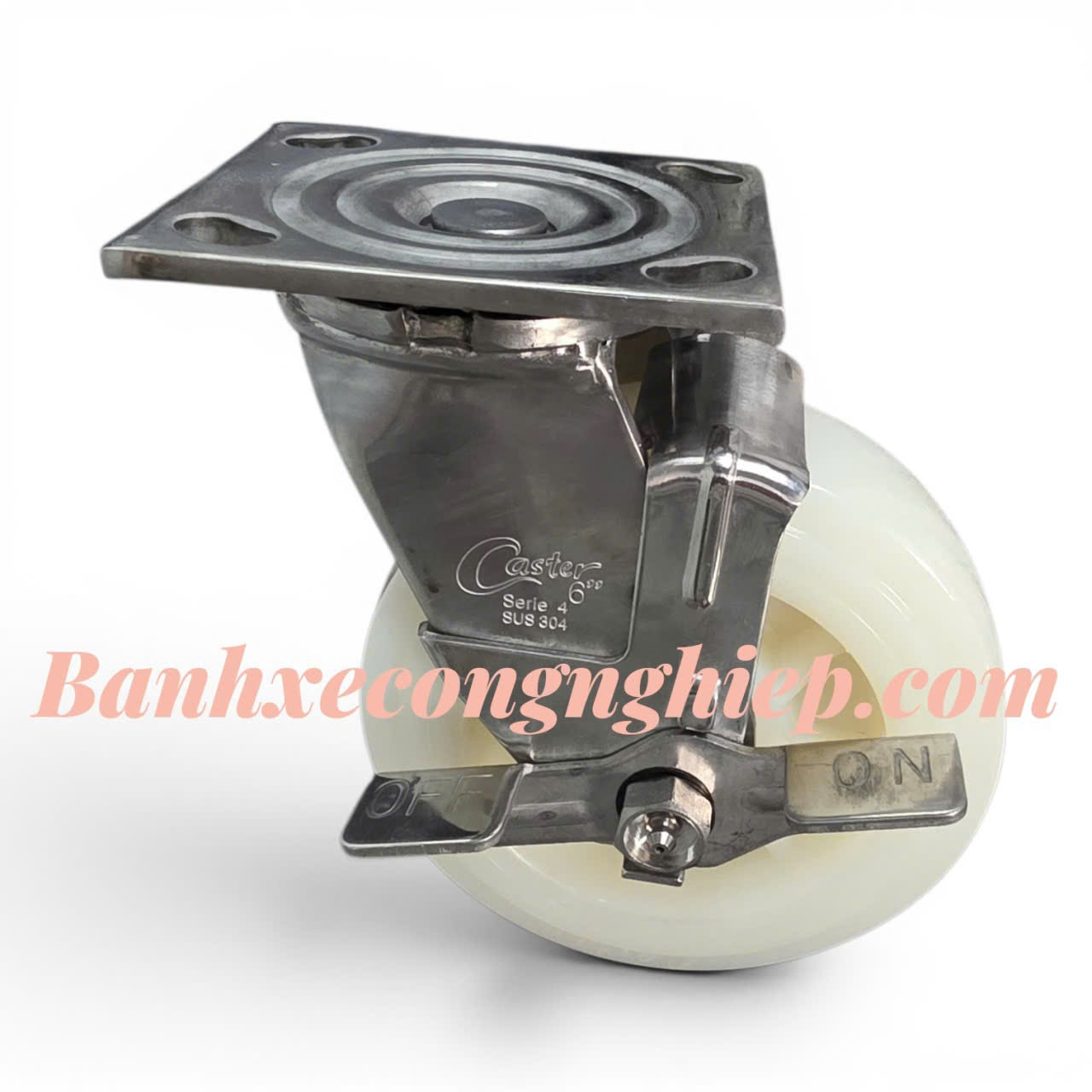 Bánh xe PA 100mm, 125mm, 150mm, 200mm càng inox 304 xoay khóa đơn Caster Serie 4 tải nặng