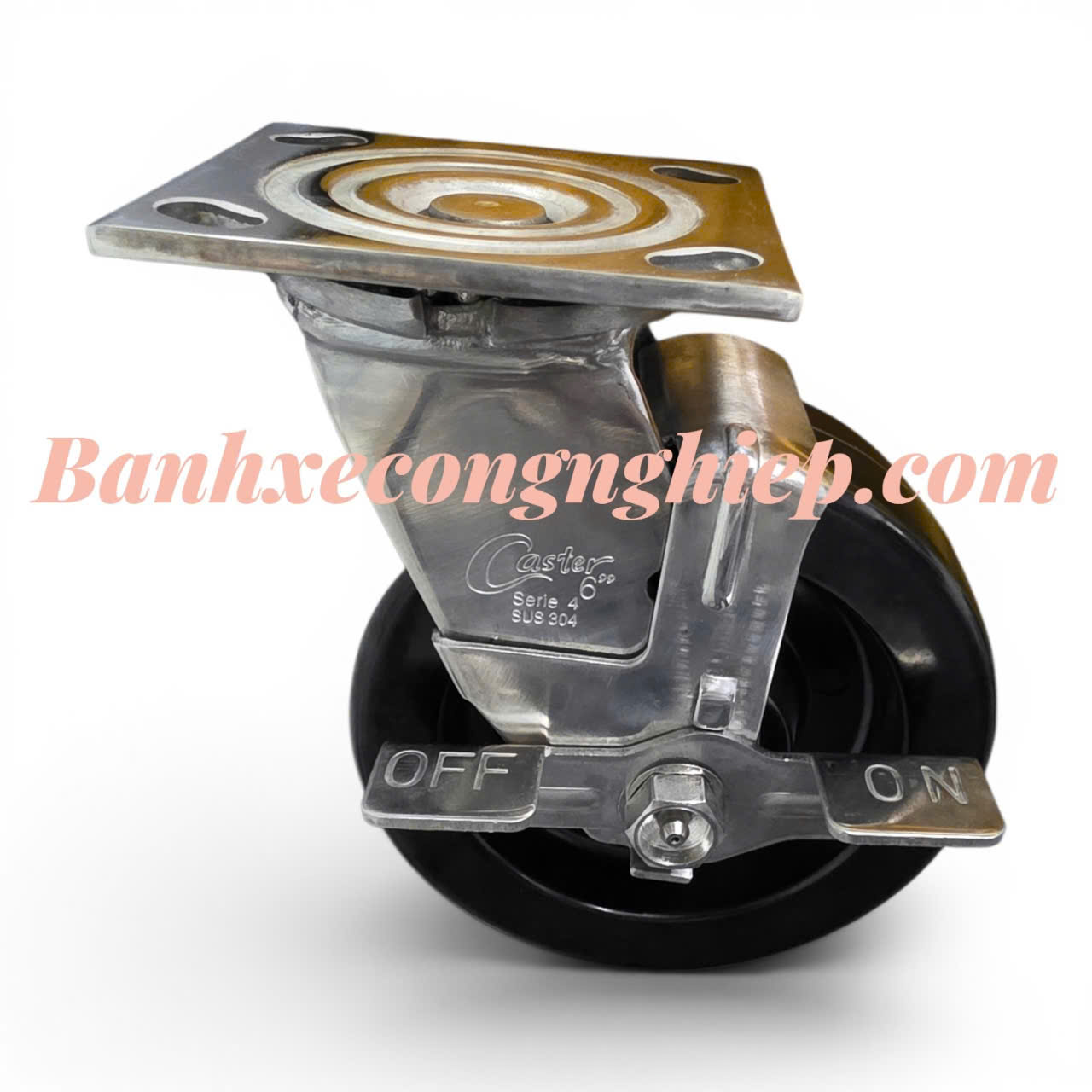 Bánh xe chịu nhiệt Phenolic 100mm, 125mm, 150mm, 200mm càng inox 304 xoay khóa đơn Caster Serie 4 tải nặng