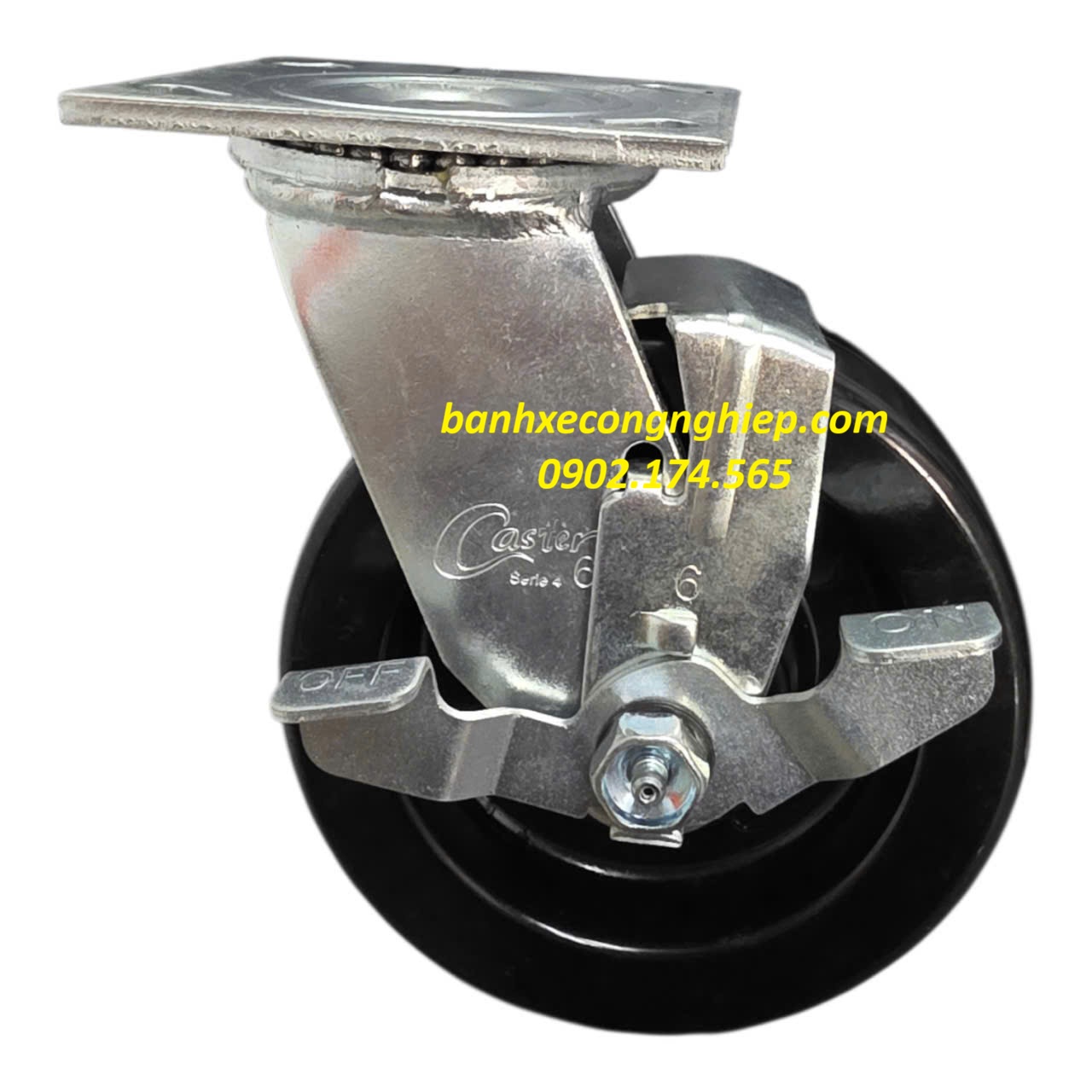 Bánh xe chịu nhiệt Phenolic 100mm, 125mm, 150mm, 200mm càng thép xoay khóa Caster Serie 4 tải nặng