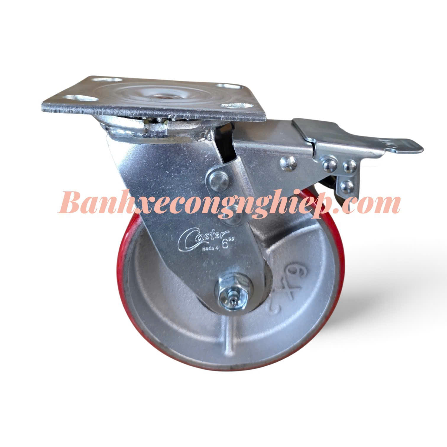 Bánh xe PU lõi gang 100mm, 125mm, 150mm, 200mm càng thép xoay khóa kép Caster Serie 4 tải nặng