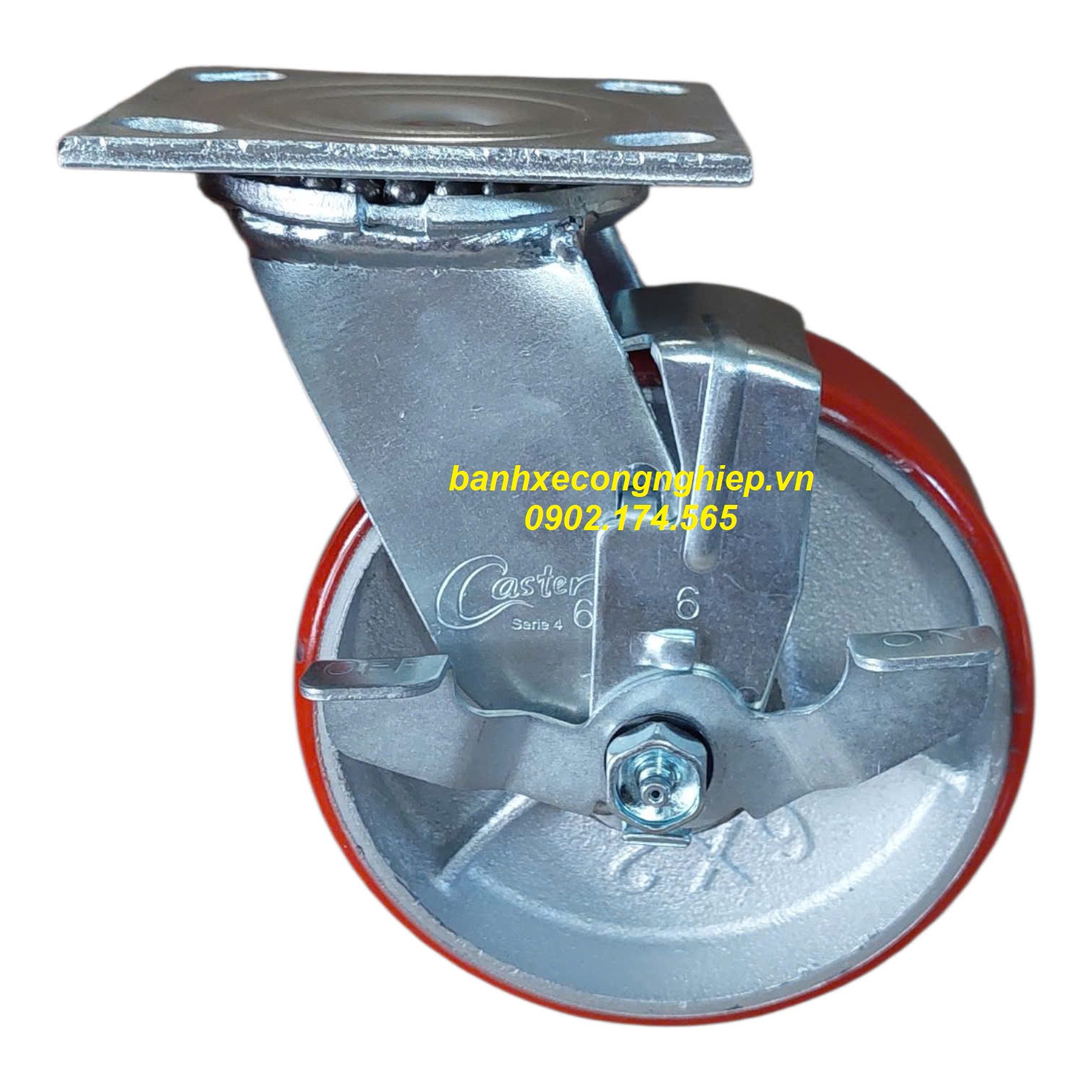 Bánh xe PU lõi gang 100mm, 125mm, 150mm, 200mm càng thép xoay khóa đơn Caster Serie 4 tải nặng
