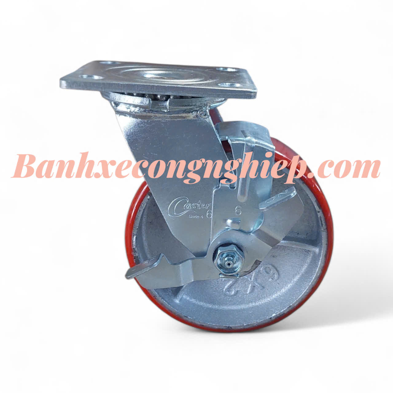 Bánh xe PU lõi gang 100mm, 125mm, 150mm, 200mm càng thép xoay khóa đơn Caster Serie 4 tải nặng