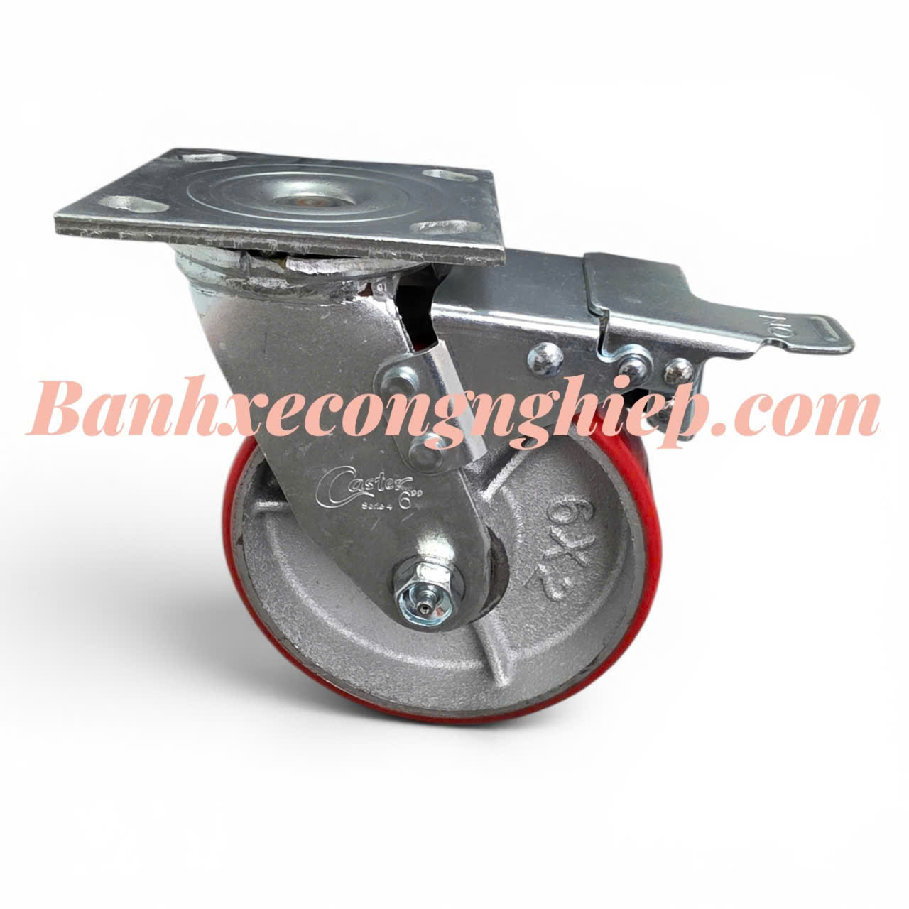 Bánh xe PU lõi gang 100mm, 125mm, 150mm, 200mm càng thép xoay khóa kép Caster Serie 4 tải nặng