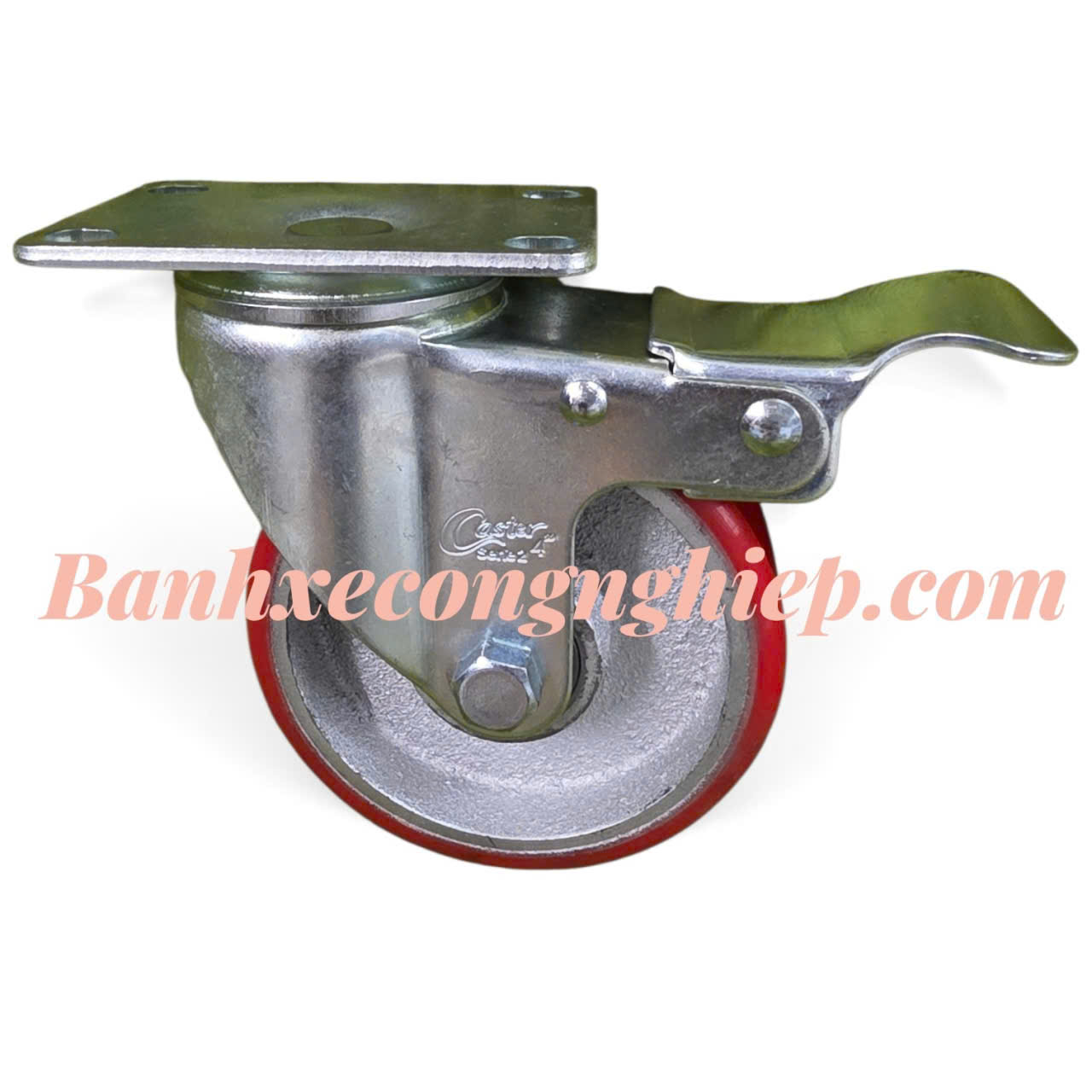 Bánh xe PU lõi gang phi 75mm, 100mm, 125mm càng thép xoay khóa Caster Serie 2 tải trung dạng đế