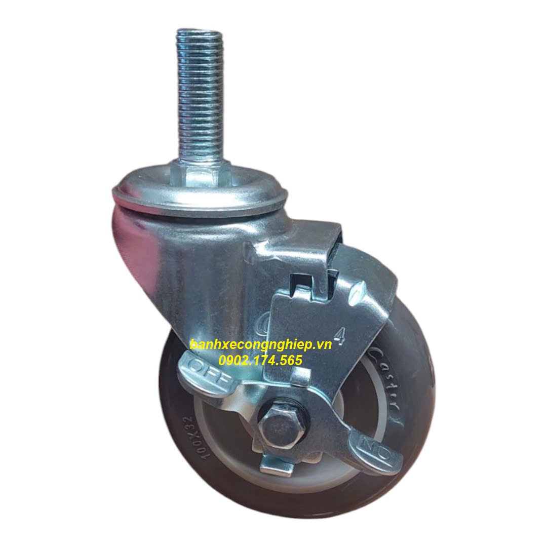 Bánh xe PU Hi-tech 75mm, 100mm, 125mm càng thép xoay khóa hông trục ren M16 Caster Serie 2 tải trung