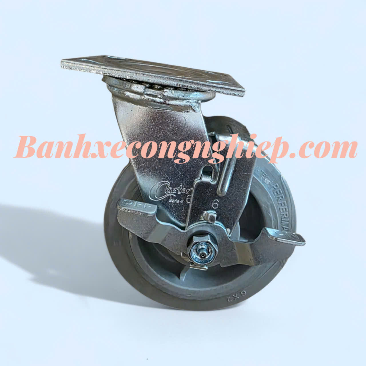 Bánh xe cao su Hi-tech Perferma 100mm, 125mm, 150mm, 200mm càng thép xoay khoá đơn Caster Serie 4 tải nặng